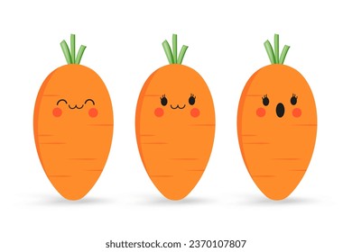 Group of cute cartoon carrot in different style of faces for symbol, icon isolated on white background vector illustration design