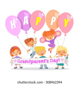 Group of cute cartoon children celebrating grandparents day.Happy grandparents day. Vector illustration