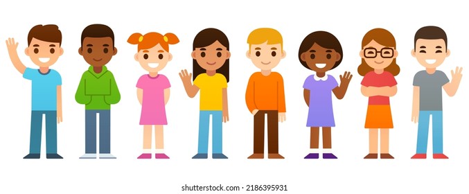 Group of cute cartoon diverse children. Simple vector illustration.