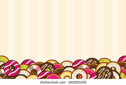 Group of cute cartoon donuts at the bottom of background. Set of Colorful doughnuts with various topping. Backdrop for bakery concept with copy space for text. Vector flat style graphic illustration.