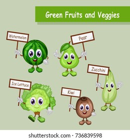 Group of Cute Cartoon Illustrated Happy Fruits in Green Color