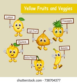 Group of Cute Cartoon Illustrated Happy Fruits in Yellow Color