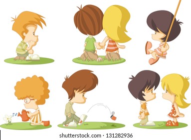 Group of cute cartoon kids in love