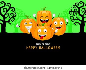 Group of cute cartoon pumpkin character on green background. Happy Halloween day concept. Vector illustration.