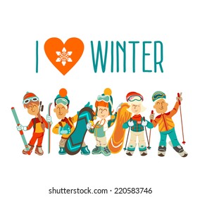 Group of cute cartoon skiers and snowboarders. I love winter. Vector illustration