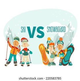 Group of cute cartoon skiers and snowboarders on mountains background.Skiers vs snowboarders. Vector illustration
