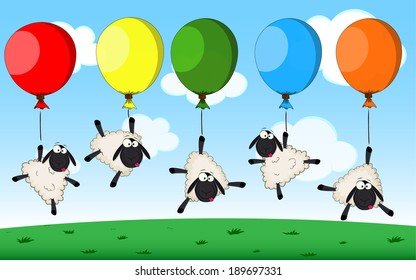 Group of cute cartoon vector sheeps flying on balloons