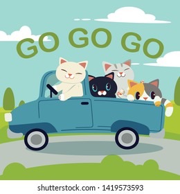 The group of cute cat driving a blue car for go to the trip on the road with in flat vector style. Illustration about
travel for background, graphic,content , banner and greeting card.