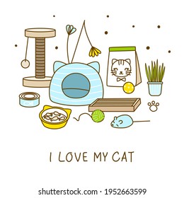 Group of cute cat items isolated on white - cartoon objects for happy pet design