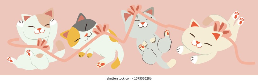 a group of cute cat playing with the pink ribbon in flat vector style.Illustration about cat and ribbon
for background, graphic,content , banner, sticker label and greeting card. 
