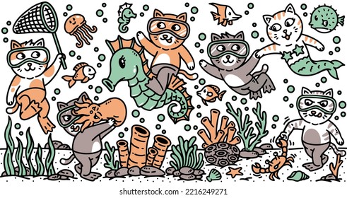 a group of cute cats diving in the sea