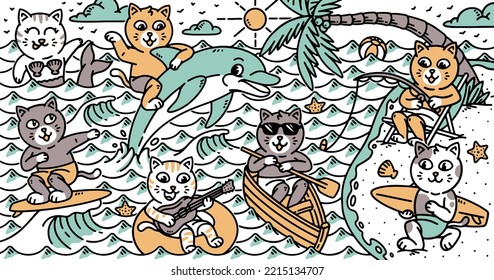 A group of cute cats on the beach illustration