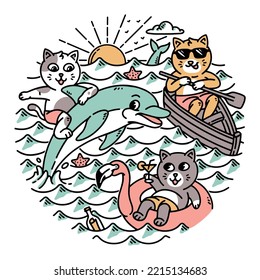 A group of cute cats in the sea illustration