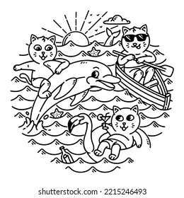 A group of cute cats in the sea line illustration