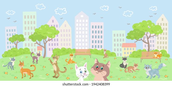 A group of cute cats walks in the summer city park. In cartoon style. Vector illustration.