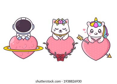 group of cute character with huge heart