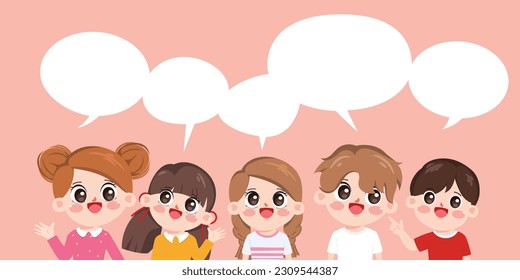 Group of cute children enjoy talking together. Cartoon kid vector design.