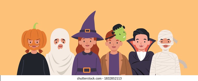 Group cute childrens in costumes for Halloween. Vector illustration in a flat style