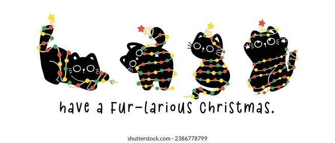 Group of Cute Christmas Black Cats adorned with lights, humor banner and greeting card, Funny and Playful Cartoon Illustration.