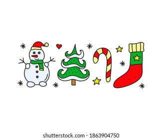 Group of cute colored doodle Christmas and New Year icons including snowman, fir tree, candy cane, sock, snowflakes, hearts, stars isolated on white background.