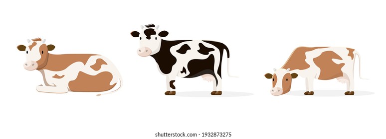 A group of cute cows with brown and black spots. Animals on the farm. Vector illustration.
