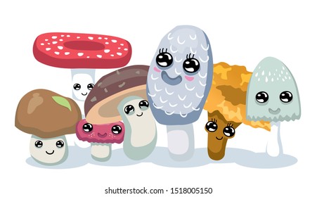 Group of cute crazy mushrooms in cartoon style