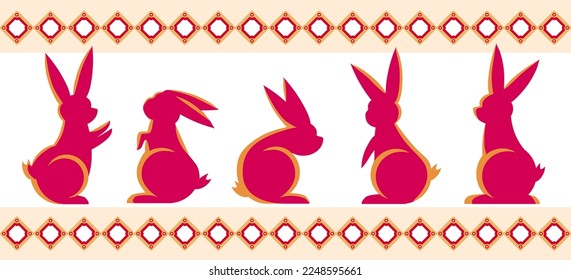 Group of cute decorative rabbits in silhouettes, flat bunnies for Chinese New Year and Lantern Festival decorations, animals vector silhouettes.