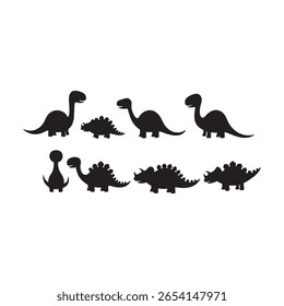 Grupo de diseño lindo de la ilustración plana del Vector de la silueta del dinosaurio. sobre fondo blanco