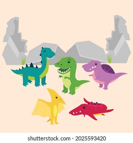 Group of cute dinosaur vector illustration for kids party or study for school, jurassic animals, prehistoric animals