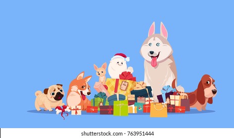 Group Of Cute Dog Sitting At Gifts Stack Synbol Of New Year 2018 Holiday Present Decoration Flat Vector Illustration