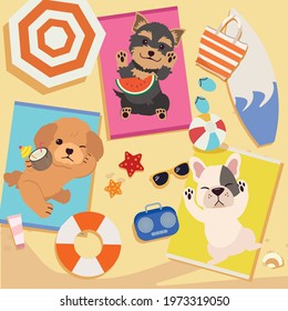 A group of cute dog sunbathing on the beach with flat vector style. illustatiobn about summer and holiday party.