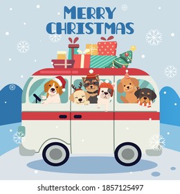 The group of cute dog in the van go to the christmas trip in flat vector style. illustation about christmas and holiday for content,graphic, sticker, greeting card.