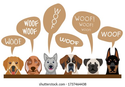 Group of cute dogs breeds vector illustration. Cartoon character pets with text woof woof isolated