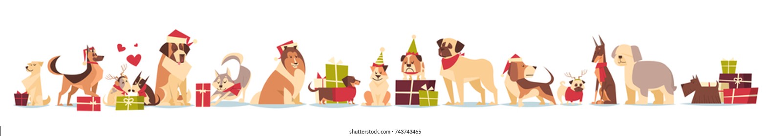 Group Of Cute Dogs In Santa Hats Symbol Of 2018 New Year And Christmas Holidays Isolated On White Background Flat Vector Illustration