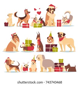 Group Of Cute Dogs In Santa Hats Symbol Of 2018 New Year And Christmas Holidays Isolated On White Background Flat Vector Illustration