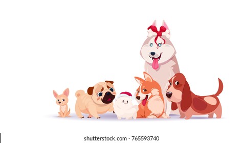 Group Of Cute Dogs Sitting Isolated On White Background Wearing Santa Hat And Holding Decorated Bone Asian Symbol Of 2018 New Year Flat Vector Illustration