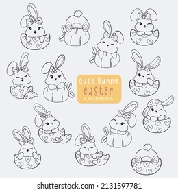 group of cute Easter bunny rabbit outline for colouring book, cute cartoon drawing vector