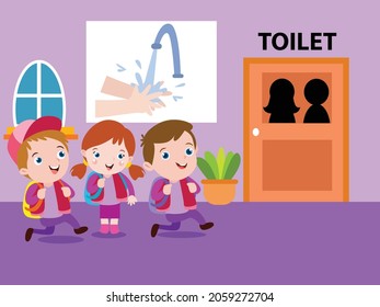 Group of cute elementary students waiting for washing hands while queuing to enter toilet in the school