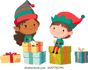 Group of cute elves on Merry Christmas background with pale gift boxes. Funny Santa's helpers in costumes isolated. Fairytale festive children characters with holiday presents