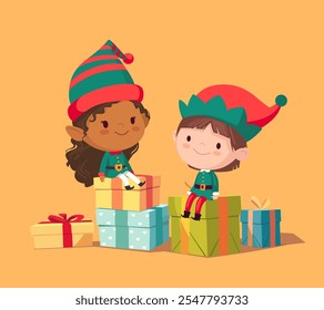 Group of cute elves on Merry Christmas background with pale gift boxes. Funny Santa's helpers in costumes isolated. Fairytale festive children characters with holiday presents