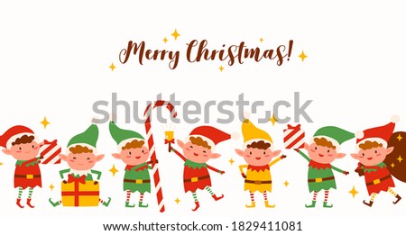 Group of cute elves on Merry Christmas horizontal background. Funny Santa helpers in costumes isolated. Fairy tale festive childish characters holding holiday gifts, candy, ringing xmas bell