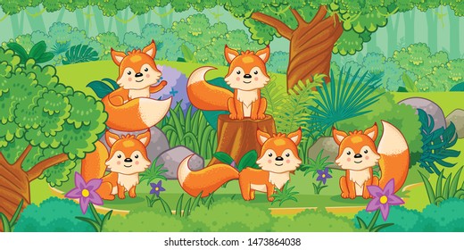 A group of cute foxes enjoying in the forest