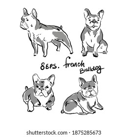 Group of cute french bulldogs in poses. Vector Sketch illustration. Fashion  poster in black and white colors.