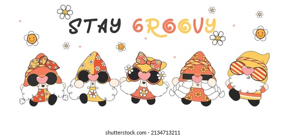 group of cute fun and happy groovy retro gnomes cartoon outline drawing vector banner