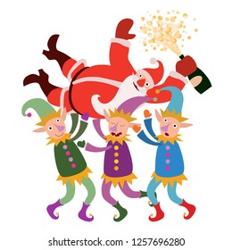 A group of cute funny cartoon elves carrying Santa Claus for Christmas