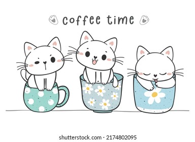 group of cute funny kitten cats sitting in coffee cup mug collection, adorable animal pet hand drawing doodle vector