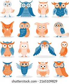 A group of cute and funny orange and blue owls standing in lines.
