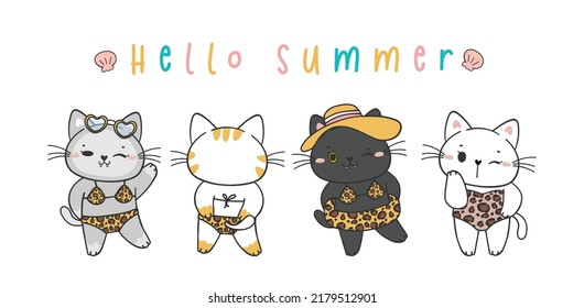 group of cute funny summer kitten cat in leopard bikini cartoon doodle pet animal hand drawn vector