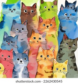 A group of cute furry cats in various colors and designed in a watercolor style.
