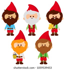 Group of cute garden gnomes. Vector illustration set